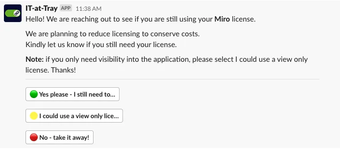 IT-at-Tray Slack message asking the user about their Miro license with three button options: "Yes please - I still need to…", "I could use a view only license…", and "No - take it away!"