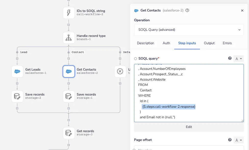 Salesforce Get Contacts step using a SOQL Query (advanced) with Account fields and a WHERE Id in clause populated from the callable workflow response.