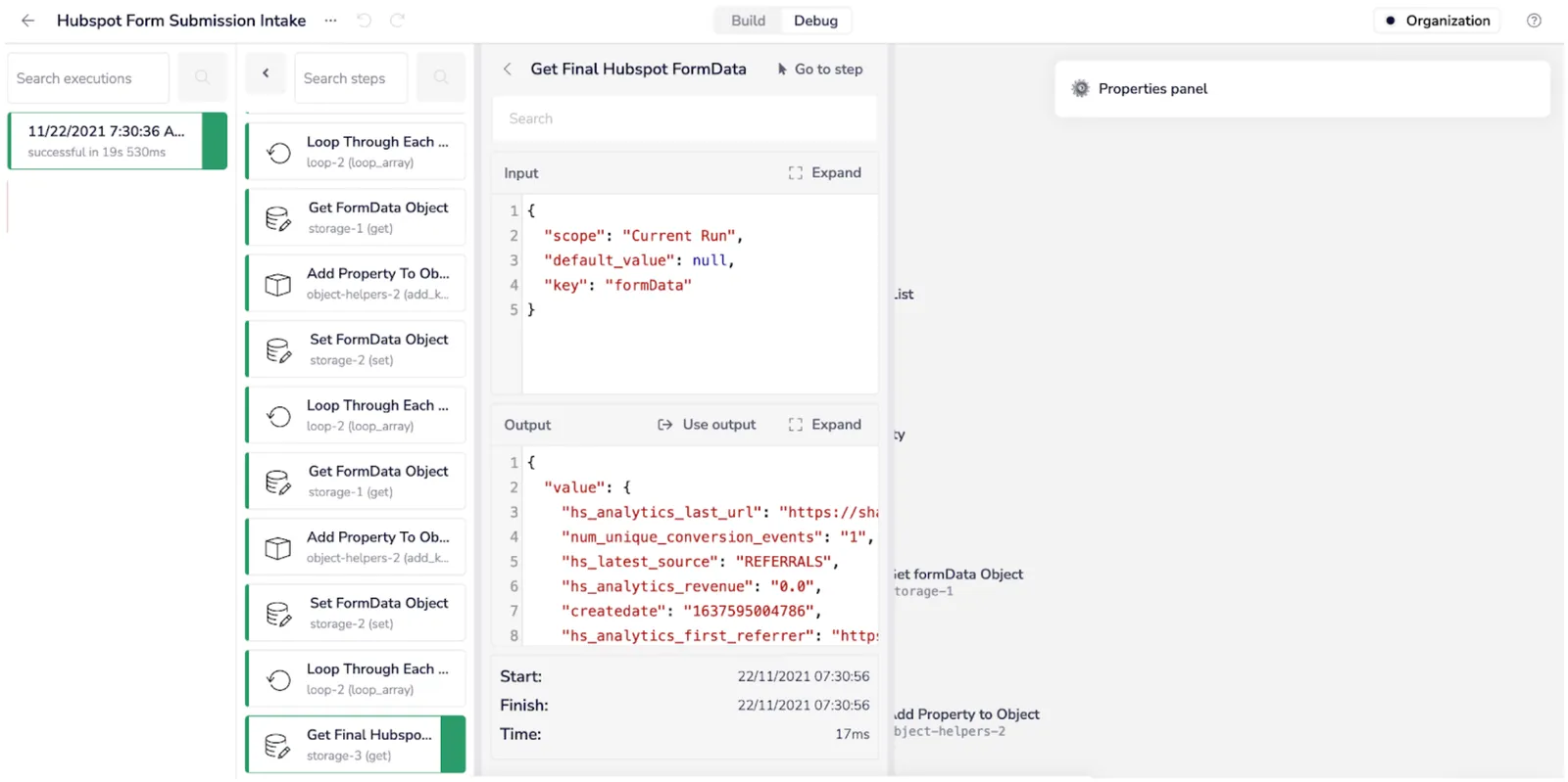 Tray Debug view showing the Get Final Hubspot FormData step with Input parameters and Output JSON containing HubSpot analytics fields like hs_analytics_last_url and createdate.
