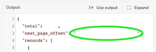 Salesforce step Output JSON with the next_page_offset field circled in green, used to paginate to the next batch of records