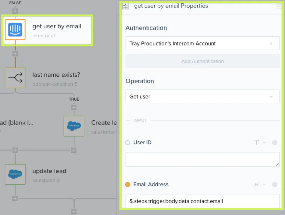 Intercom "get user by email" step configured with the Get user operation and the Email Address mapped from the trigger payload.