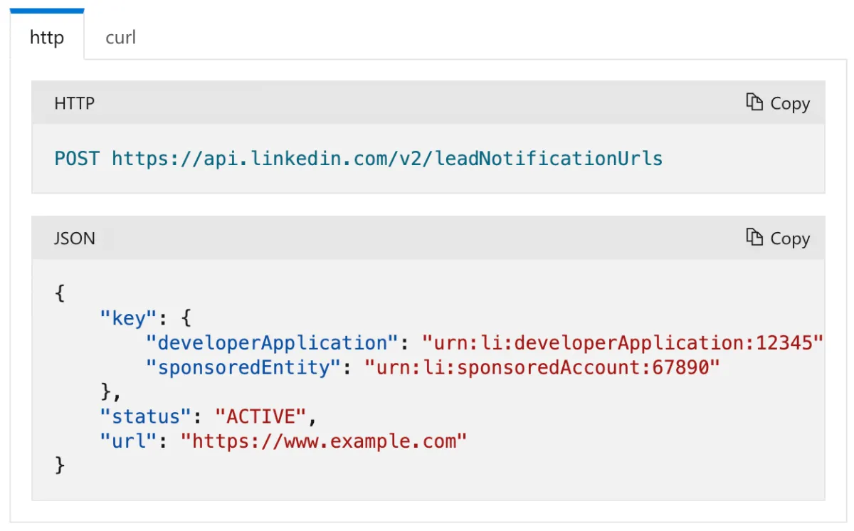 Sample HTTP POST to leadNotificationUrls with JSON body containing developerApplication, sponsoredEntity, status, and url