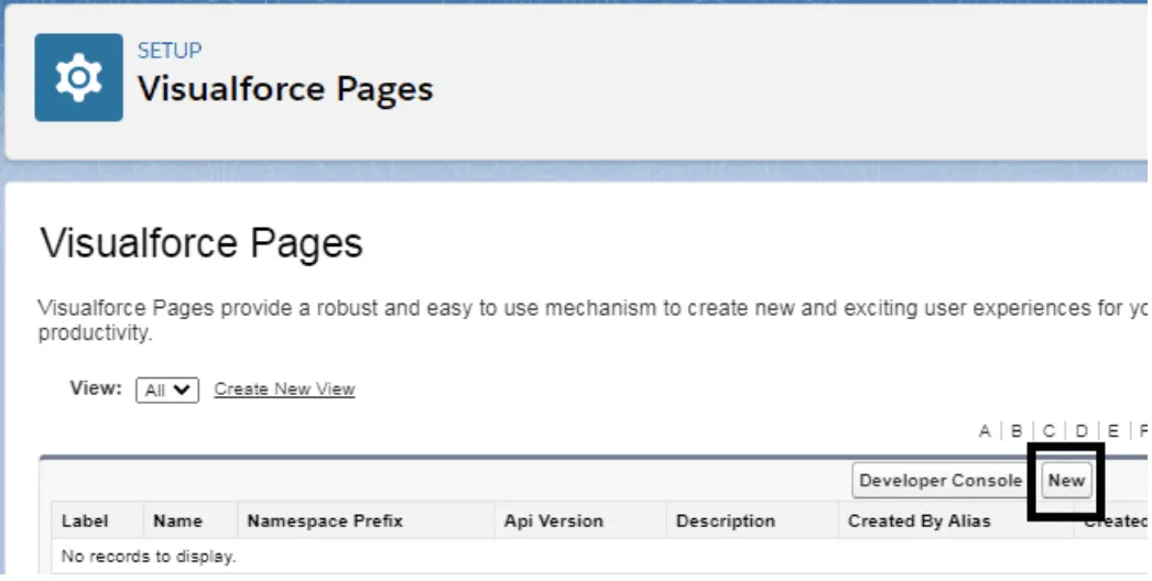 Salesforce Setup "Visualforce Pages" listing with the New button highlighted