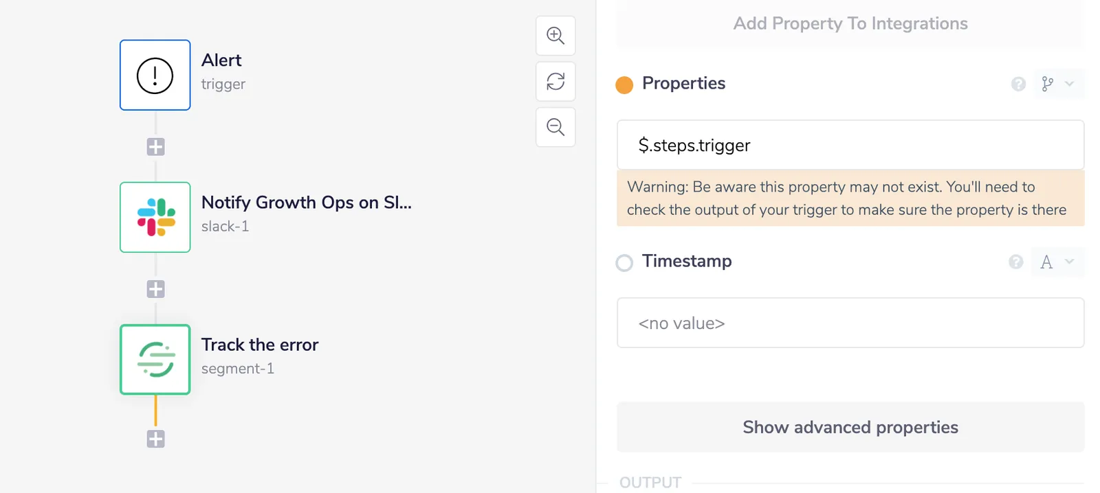 Segment Track event step Properties field set to $.steps.trigger JSON path, passing the full trigger payload through as event properties.