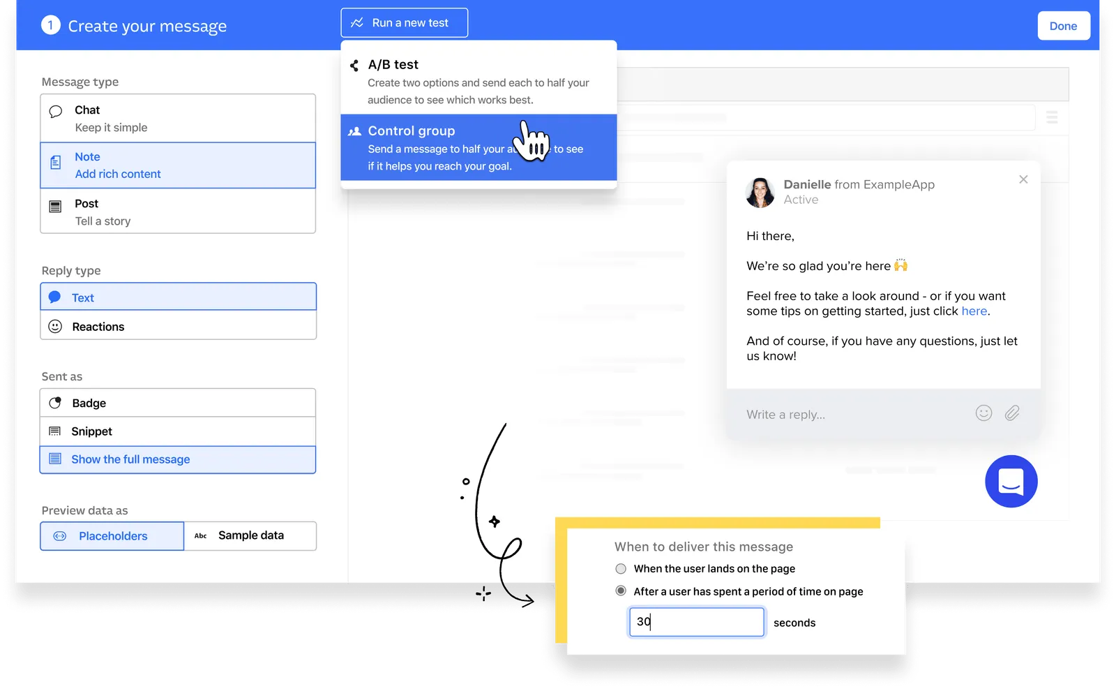 Intercom message composer UI with message type and reply type options, an A/B test menu, and a delivery rule set to fire after 30 seconds on page