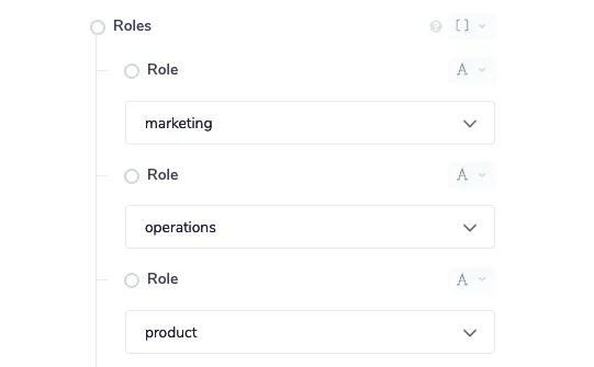 Tray config panel showing a Roles list with three Role entries set to marketing, operations, and product