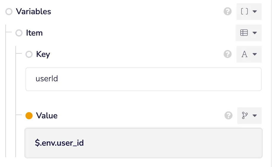 GraphQL Client Variables panel with a userId key bound to $.env.user_id
