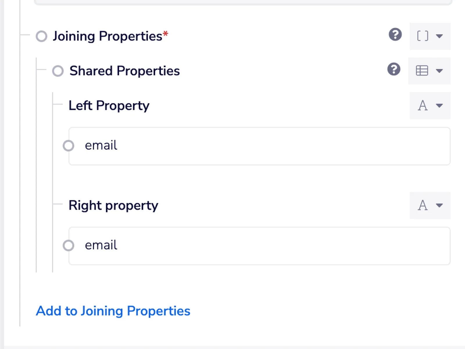 Joining Properties detail with Shared Properties row joining the left and right tables on email as both Left Property and Right property