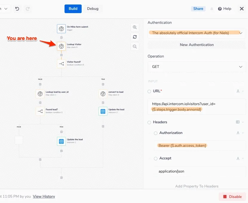 Animated walkthrough with "You are here" arrow pointing at the Lookup Visitor step, showing the Universal Connector configured with a GET to https://api.intercom.io/visitors?user_id={trigger.body.anonid} and a Bearer auth header.