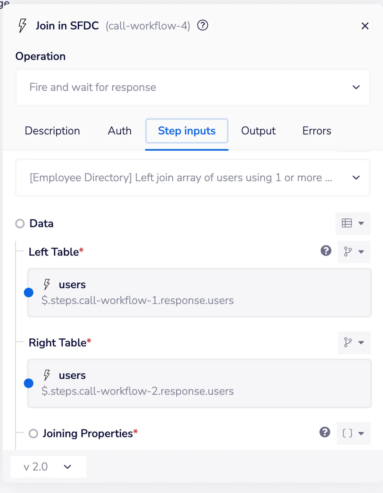 Join in SFDC step configured with Left Table from call-workflow-1 users and Right Table from call-workflow-2 users, plus Joining Properties section