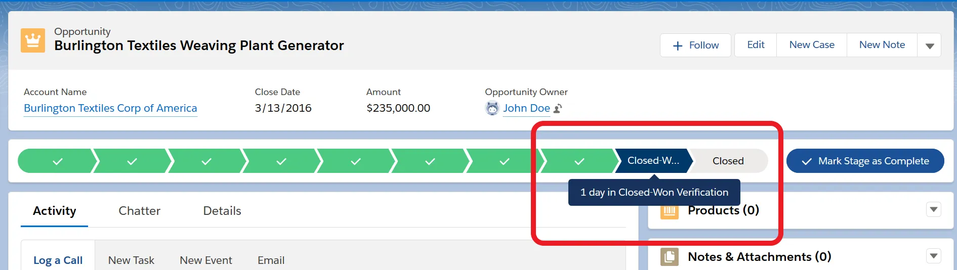 Salesforce Opportunity record for 'Burlington Textiles Weaving Plant Generator' with the stage path highlighted at Closed-Won Verification