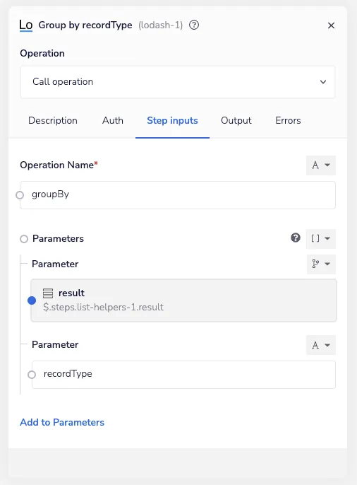 Lodash helper Group by recordType configured with the groupBy call operation and recordType as the grouping parameter.