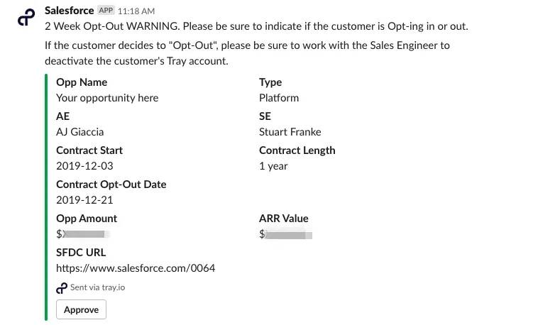 Example Slack message warning the customer success channel that an account is approaching its trial opt-out date