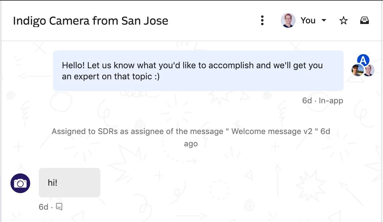 Intercom inbox conversation labeled "Indigo Camera from San Jose" — Intercom's placeholder name for an anonymous visitor who has only said "hi!"