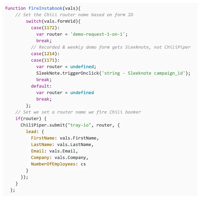 fireInstabook JavaScript function switching on vals.formVid: form 1172 routes to a demo-request-1-on-1 ChiliPiper router; forms 1214 and 1171 trigger a SleekNote campaign; default sets the router to undefined.