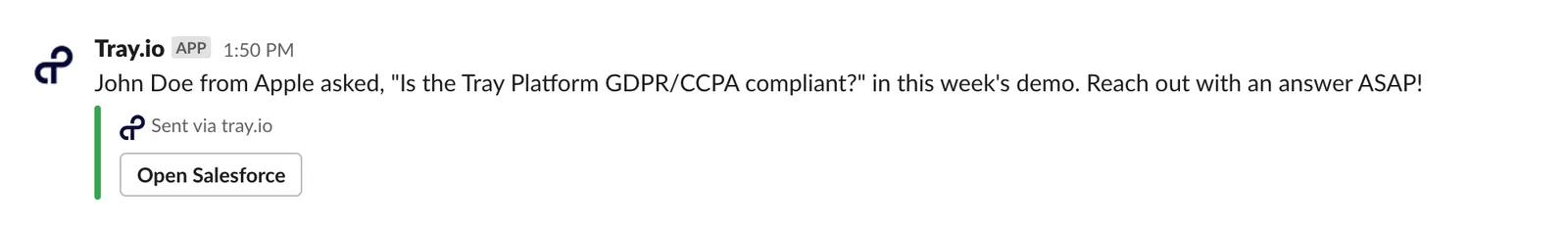 Slack message from the Tray.ai app surfacing a prospect's webinar question with an 'Open Salesforce' button for fast follow-up