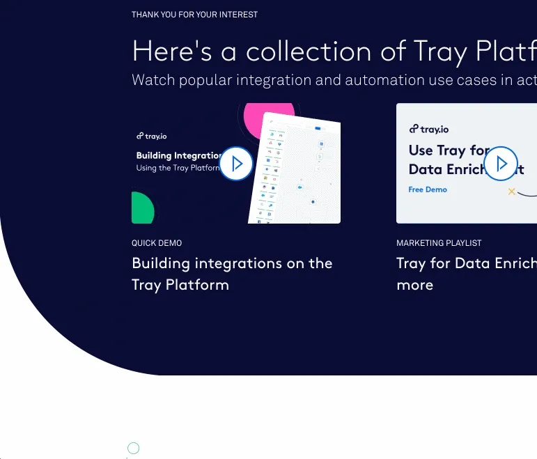 Sleeknote thank-you popup "Here's a collection of Tray Platform" videos offering a recorded "Building integrations" demo and a "Tray for Data Enrichment" playlist with Free Demo call-to-action.
