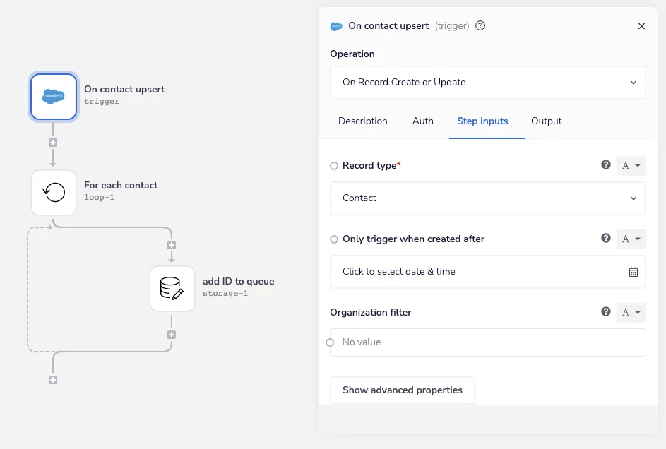 Tray workflow editor showing a Salesforce On contact upsert trigger configured with Record type set to Contact.