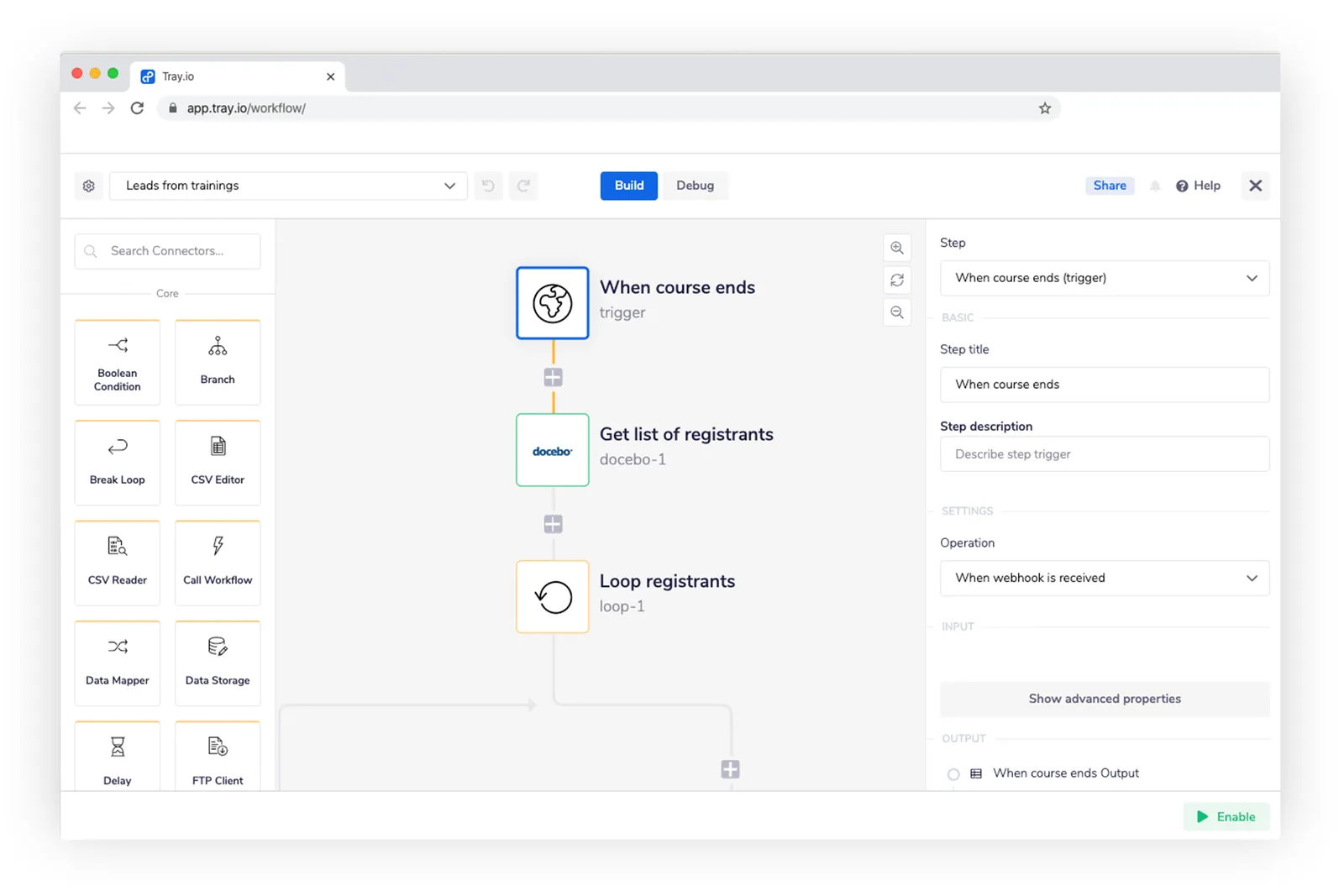 Tray workflow builder "Leads from trainings" with a When course ends webhook trigger, a Docebo Get list of registrants step, and a Loop registrants step.