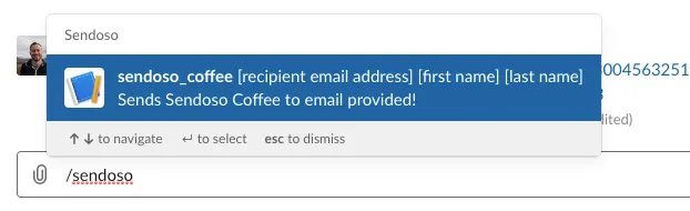 Slack slash-command autocomplete for /sendoso showing the sendoso_coffee command with recipient email, first name and last name parameters