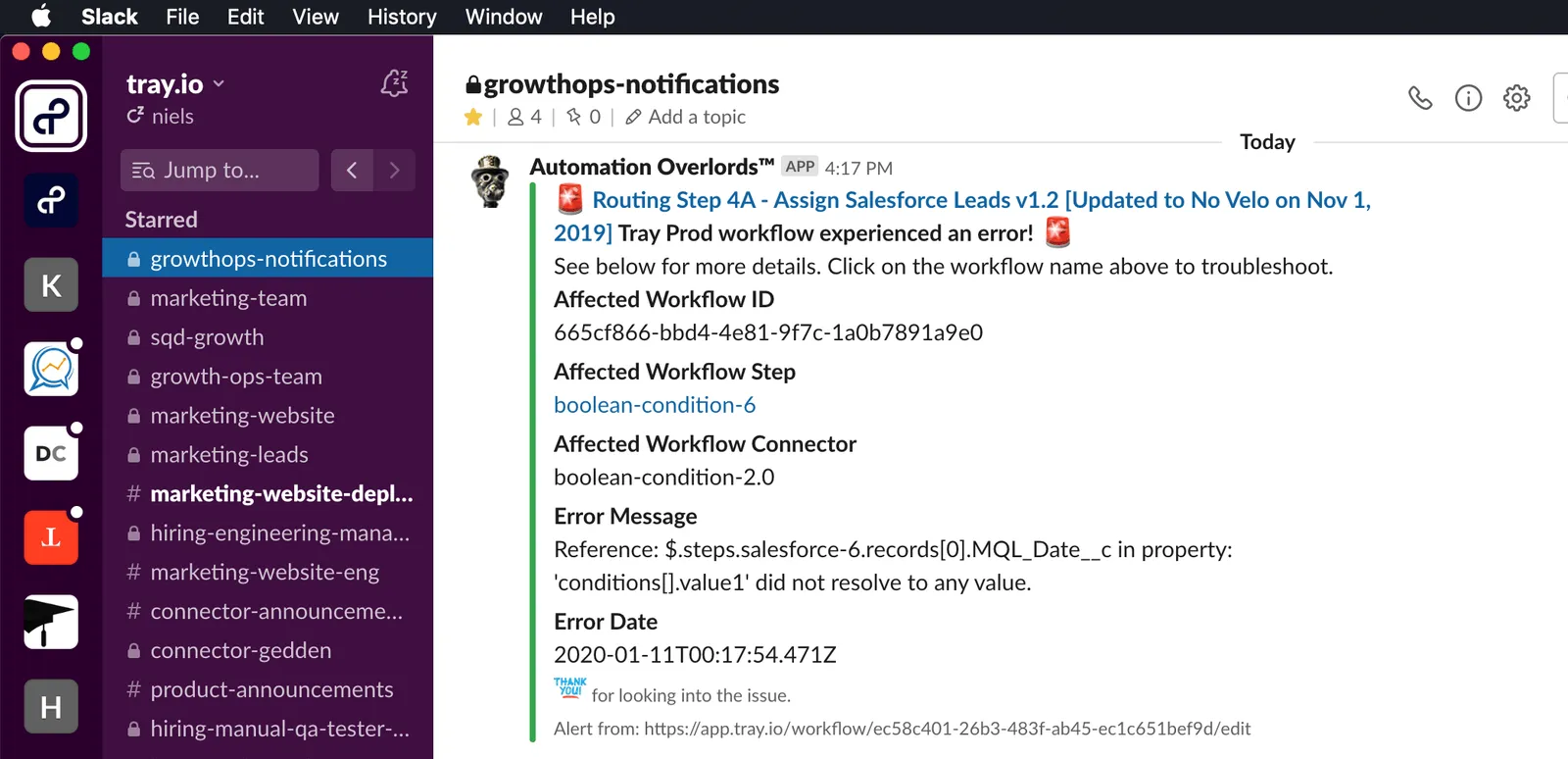 Slack workflow error alert in the growthops-notifications channel showing workflow name, affected step, connector, error message and timestamp