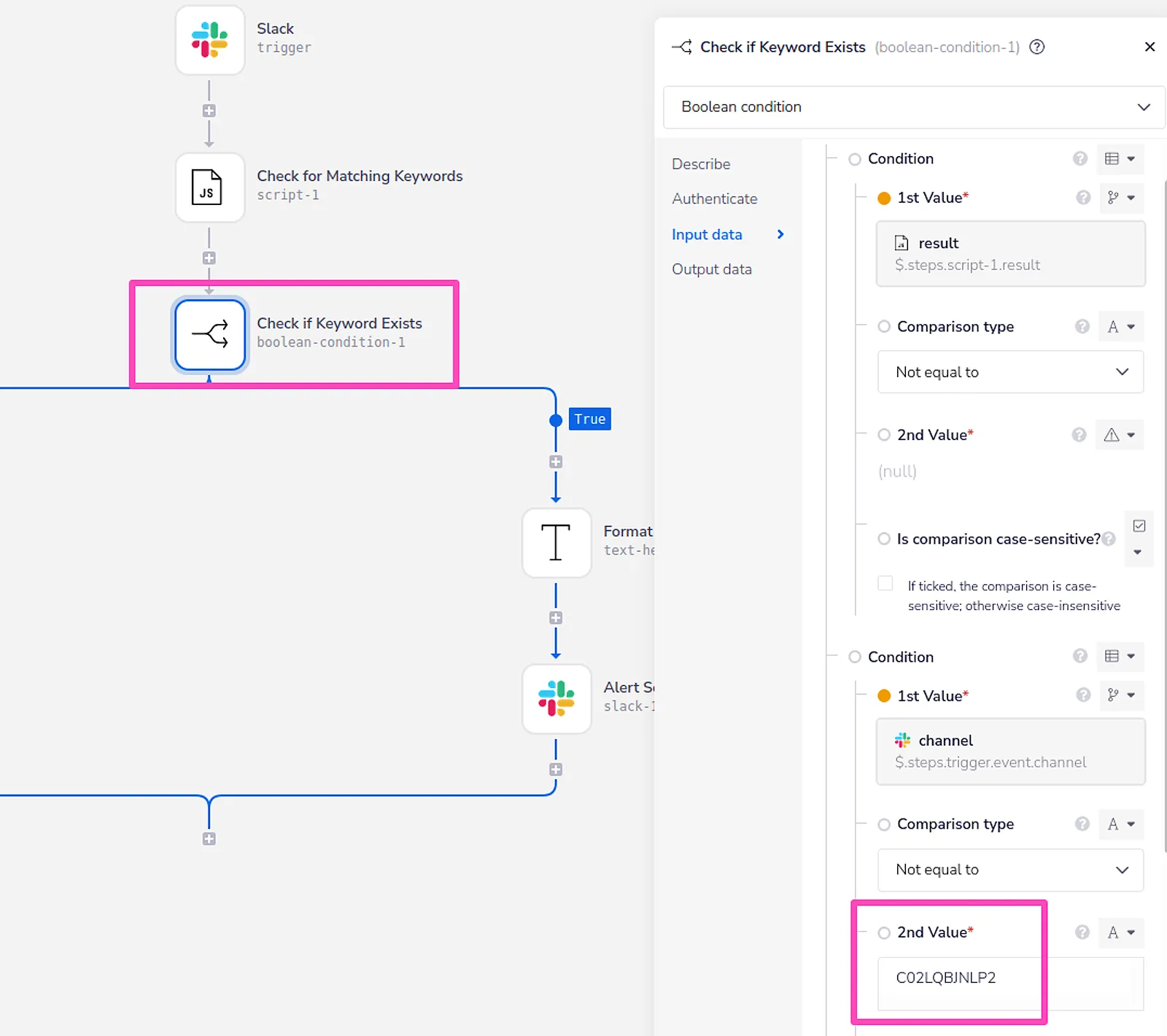 Tray workflow with a "Check if Keyword Exists" boolean step open, showing a second condition comparing the trigger channel against the security-alerts channel ID C02LQBJNLP2