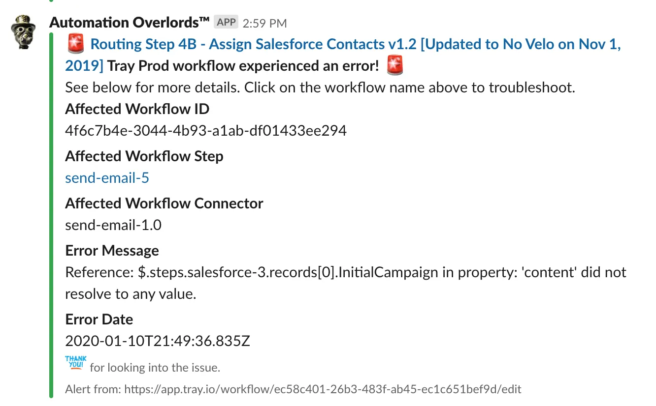 Formatted Slack alert from the Automation Overlords app showing a clickable workflow title, ID, step, connector, error message and timestamp