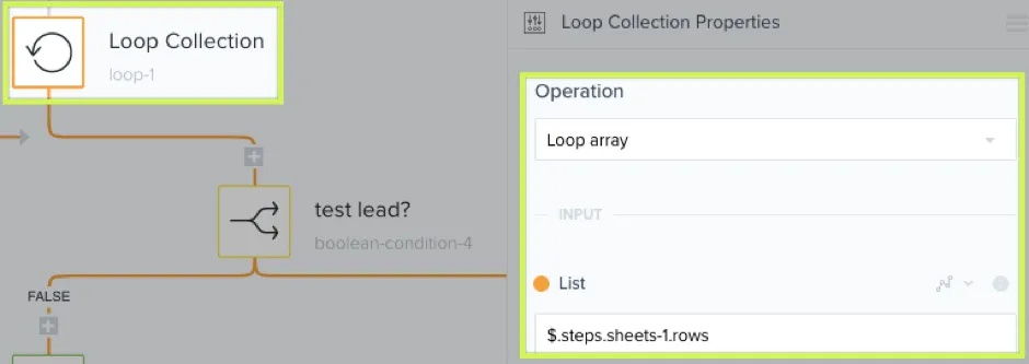 Loop Collection step configured with Loop array operation iterating over $.steps.sheets-1.rows.