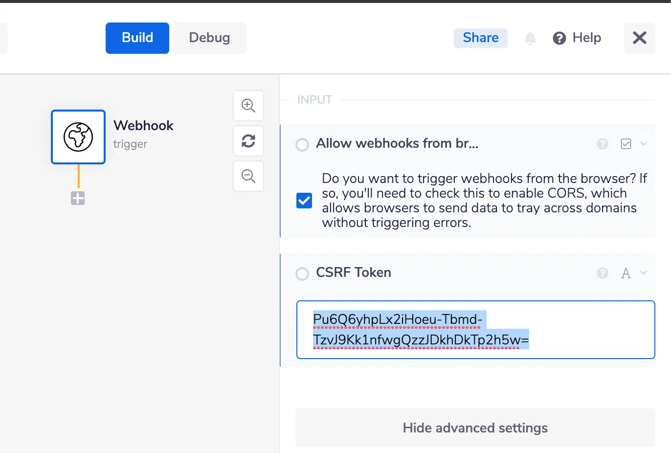 Tray webhook trigger advanced settings with "Allow webhooks from browsers" enabled (CORS) and a CSRF Token field populated with a long random string.