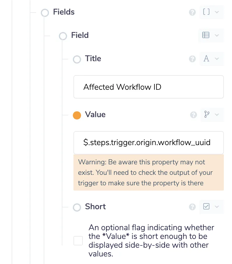 Slack connector Field configuration for 'Affected Workflow ID' bound to the trigger's workflow_uuid JSON-path value
