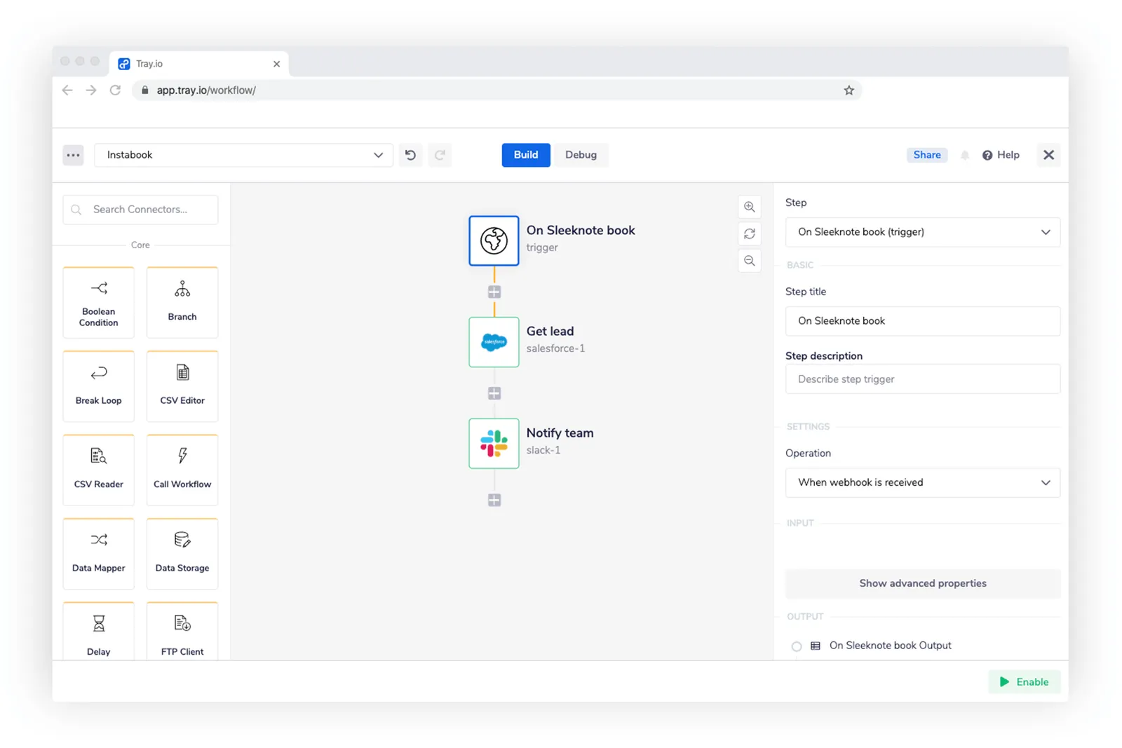Tray workflow with three vertical steps: On Sleeknote book webhook trigger, Get lead from Salesforce, and Notify team via Slack.