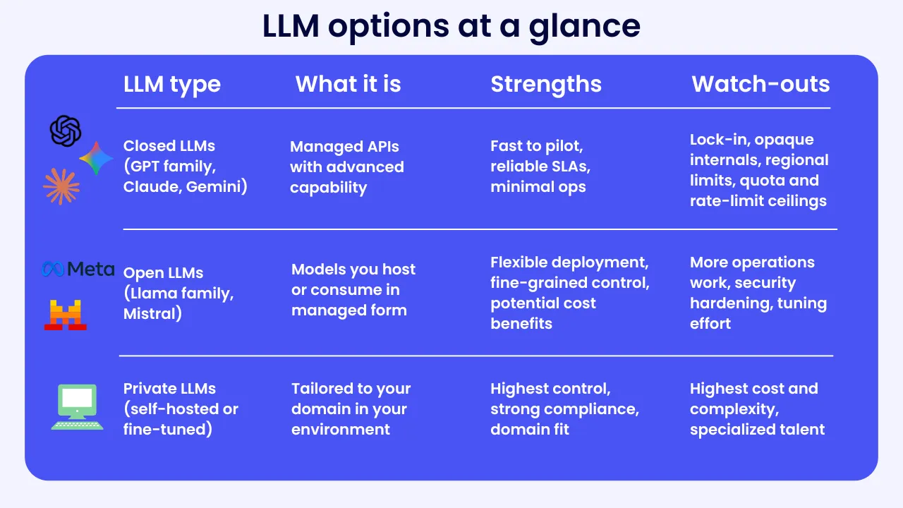 Comparison table "LLM options at a glance" with rows for Closed LLMs (GPT, Claude, Gemini), Open LLMs (Llama, Mistral), and Private LLMs, each with what it is, strengths, and watch-outs.