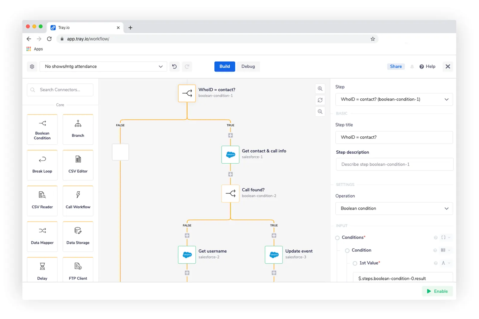 Tray workflow branch: WhoID = contact? → on TRUE get contact and call info from Salesforce, then Call found? branches between Update event and Get username