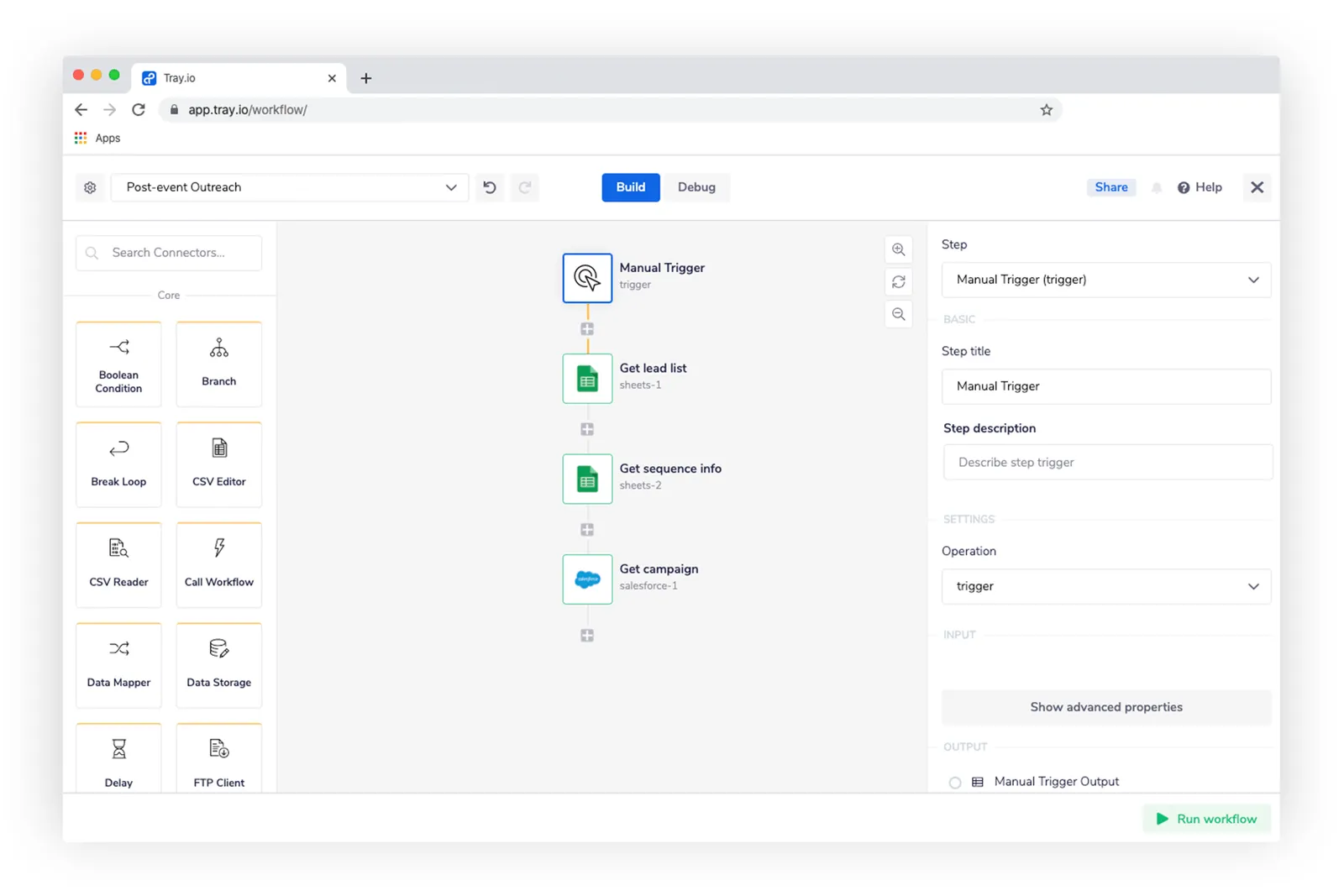 Tray workflow builder showing the Post-event Outreach workflow: Manual Trigger followed by Get lead list and Get sequence info from Google Sheets, then Get campaign from Salesforce