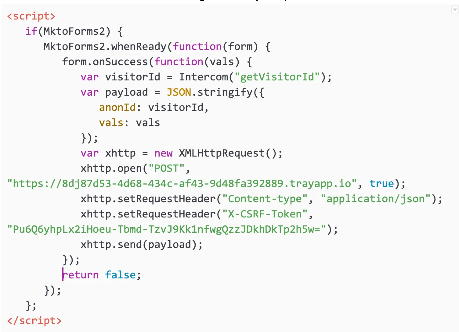 Final GTM tag script combining MktoForms2.whenReady, the onSuccess callback, JSON payload, XMLHttpRequest POST to the Tray webhook URL, and a populated X-CSRF-Token.
