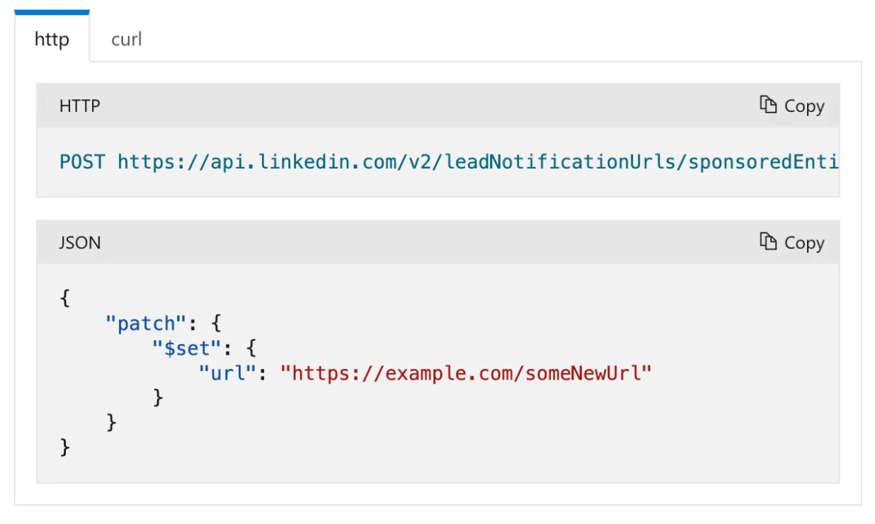 Sample HTTP POST patch request to update a leadNotificationUrls entry with a new url value