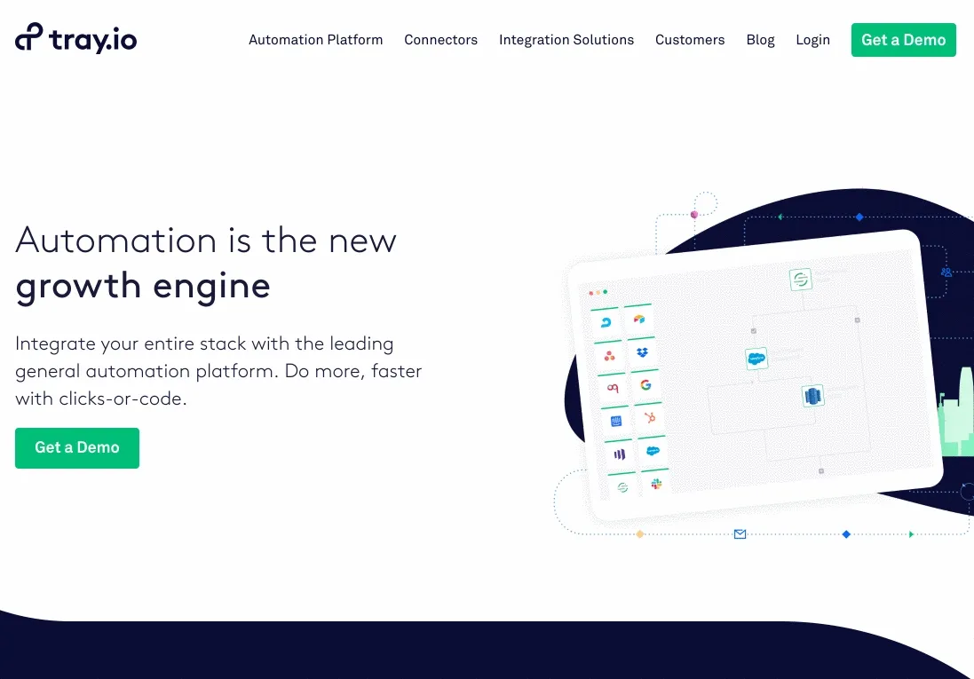 Animated Tray.io marketing site hero "Automation is the new growth engine" with the navigation, a Get a Demo call-to-action, and a workflow-canvas illustration on the right.