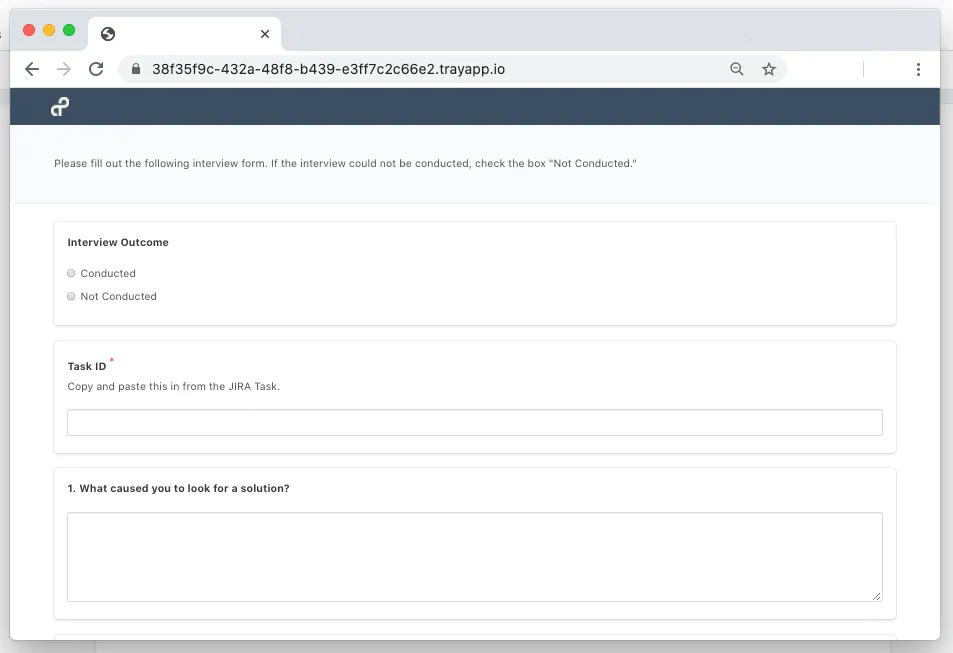 Tray-hosted win/loss interview form in a browser with Interview Outcome radio buttons, Task ID field, and a "What caused you to look for a solution?" text area