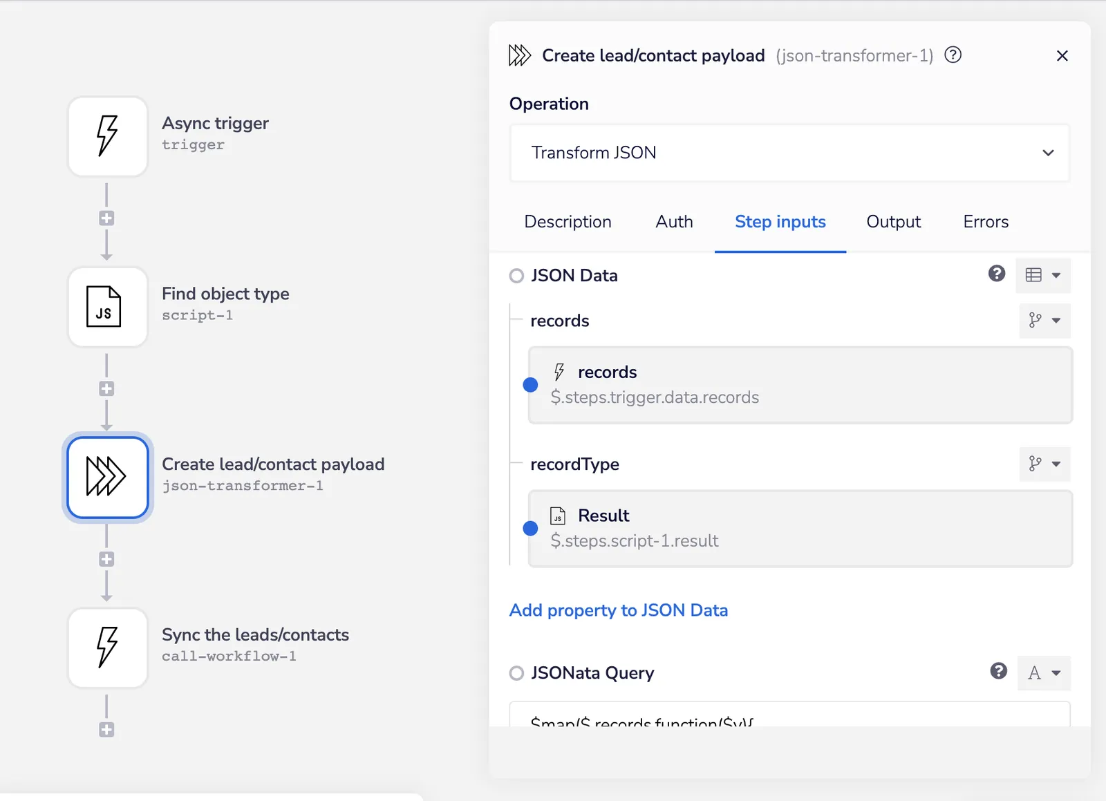 JSON transformer helper named Create lead/contact payload running Transform JSON to reshape records and recordType ahead of the shared processor.