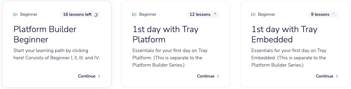 Three Tray Academy beginner-level course cards: Platform Builder Beginner (16 lessons left), 1st day with Tray Platform (12 lessons), and 1st day with Tray Embedded (9 lessons).