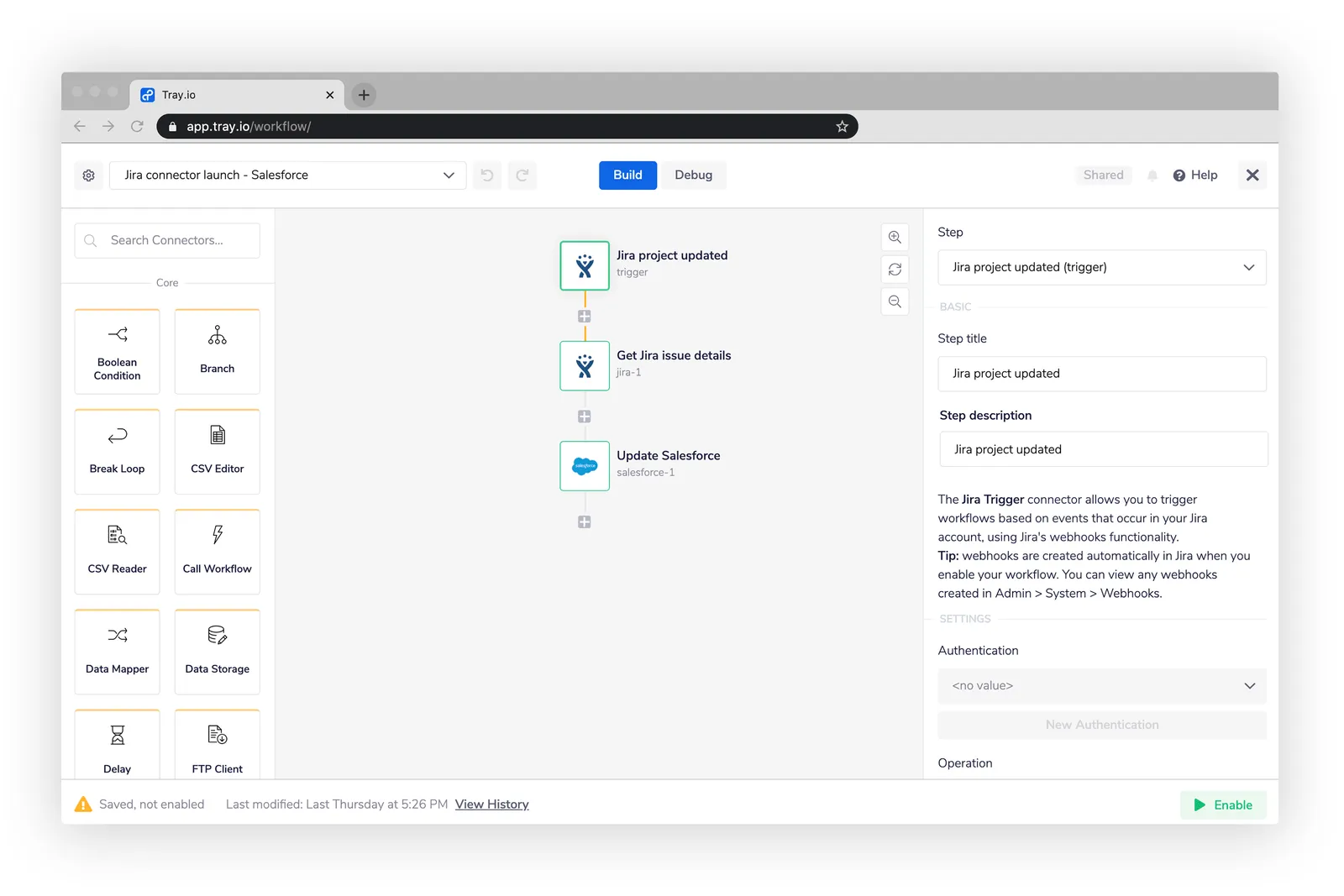 Tray.io workflow builder showing a Jira-Salesforce workflow: Jira project updated trigger → Get Jira issue details → Update Salesforce