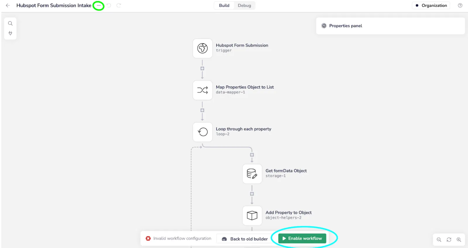 Tray Hubspot Form Submission Intake workflow with steps Hubspot Form Submission trigger, Map Properties Object to List, Loop through each property, Get formData Object, and Add Property to Object; settings menu and Enable workflow button highlighted.