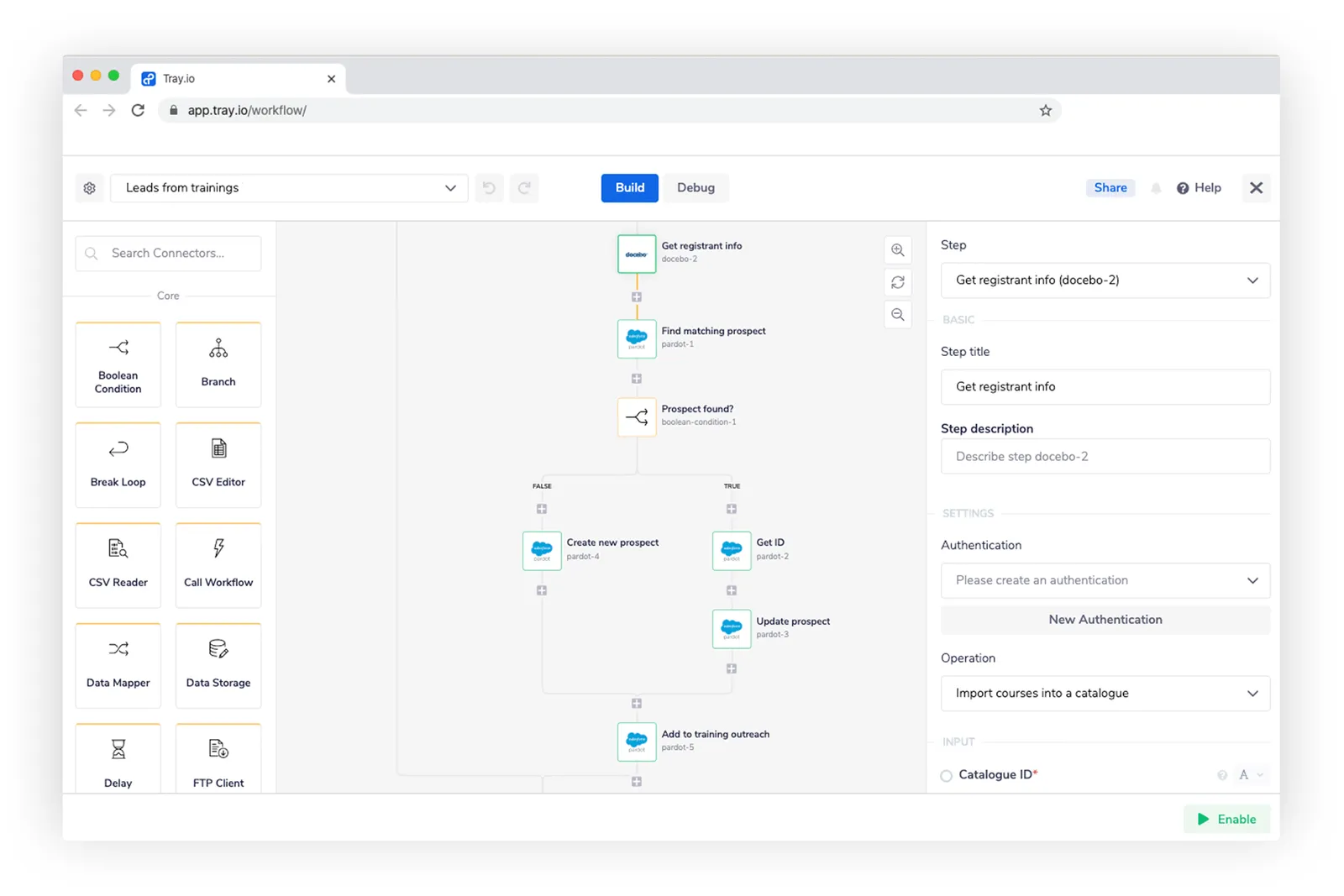 Tray workflow continuing with Docebo Get registrant info, a Pardot Find matching prospect step, a Prospect found? boolean that branches into Create new prospect (FALSE) or Get ID then Update prospect (TRUE), then Add to training outreach.