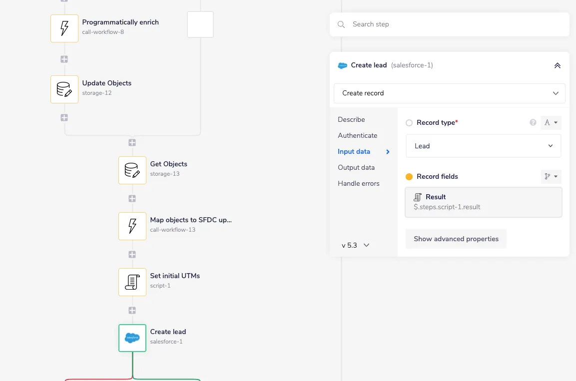 Tray workflow ending with Programmatically enrich, Update Objects, Get Objects, Map objects to SFDC, Set initial UTMs, and a Salesforce Create lead step configured with Record type Lead.