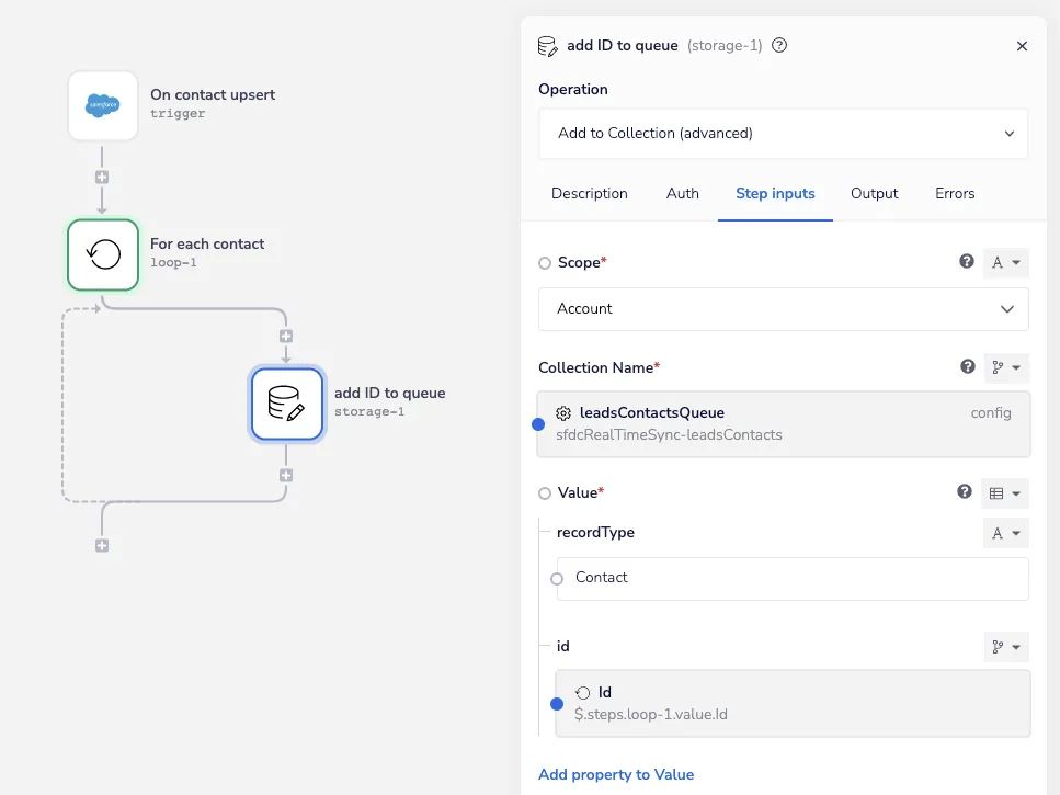 Data Storage helper configured with Add to Collection (advanced), Account scope, collection name sfdcRealTimeSync-leadsContacts, storing recordType and id values.