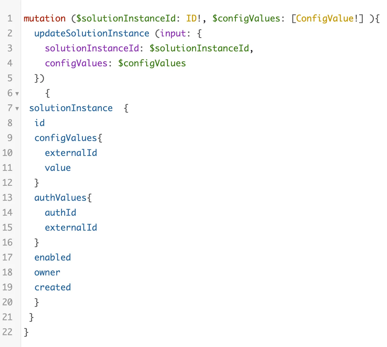 GraphQL updateSolutionInstance mutation that writes configValues for a solutionInstanceId and returns the updated instance