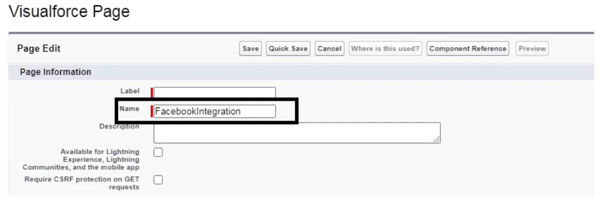 Salesforce Visualforce Page edit screen with the Name field set to "FacebookIntegration"