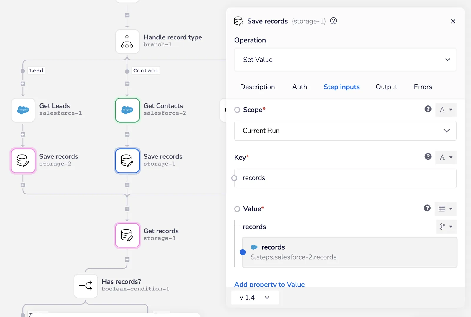 Branch helper routing Lead and Contact records into separate Salesforce SOQL queries that then save into shared data storage before a Get records step.