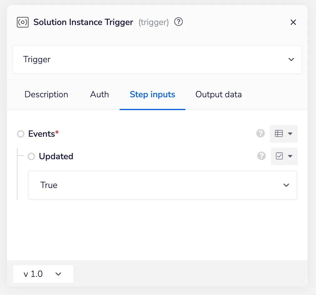 Solution Instance Trigger properties panel with the Updated event set to True