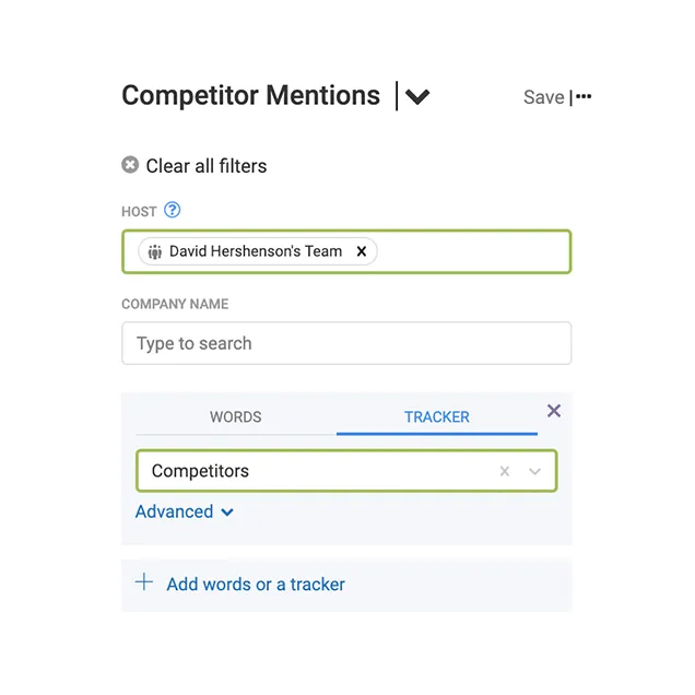 Gong.io Competitor Mentions tracker configuration with Host set to David Hershenson's Team and the Competitors tracker selected